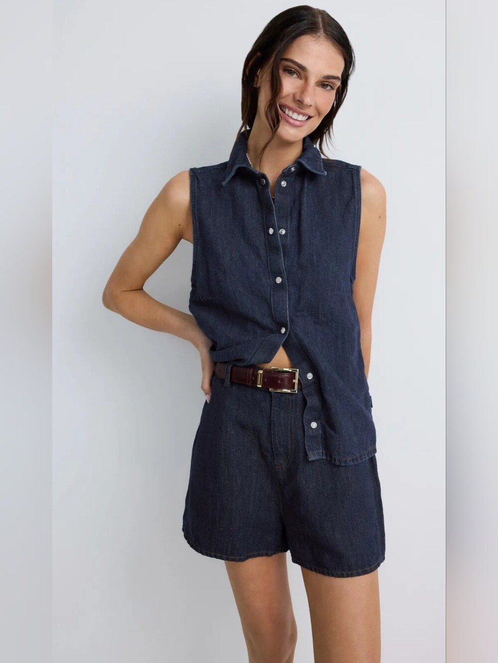 7 For All Mankind Denim Sleeveless Collared Shirt Women Size M